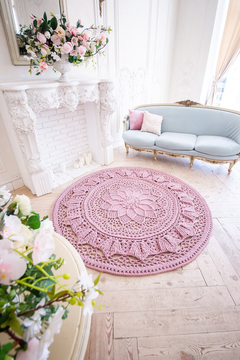 Dusty pink crochet rug round area rug 69 in 175cm doily Etsy