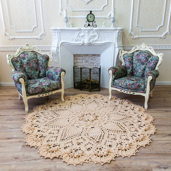 Big Crochet Rug Round Area Rug 73 In Doily Rug Yarn Lace Etsy