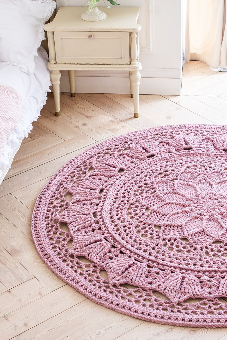 Dusty pink crochet rug round area rug 69 in 175cm doily Etsy