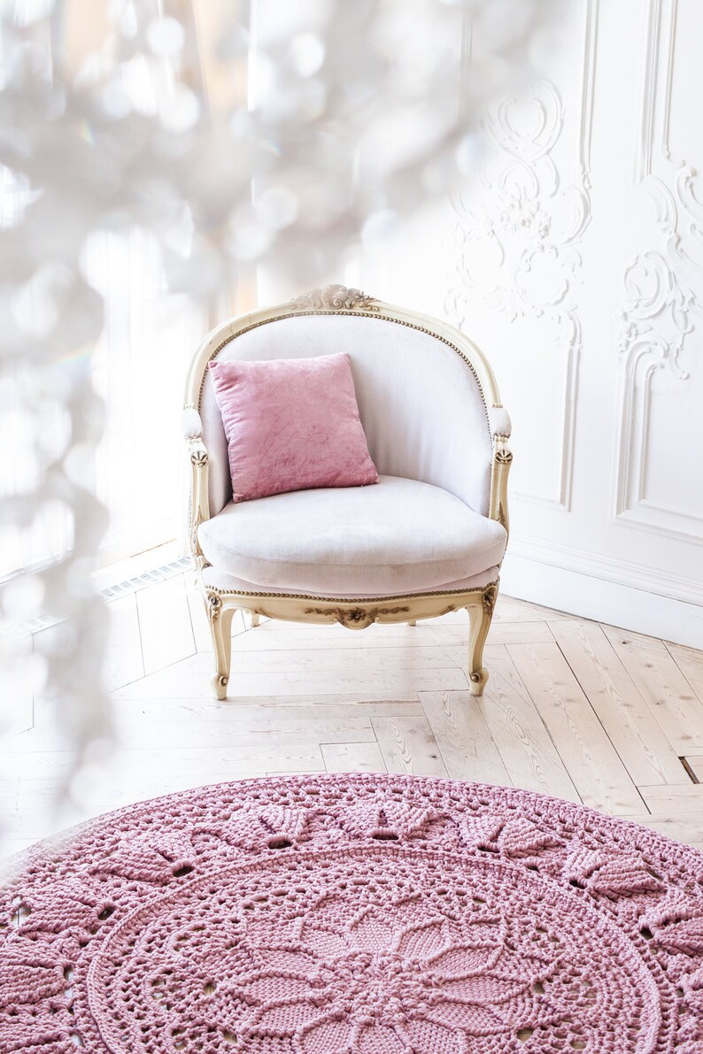 Dusty pink crochet rug round area rug 69 in 175cm doily Etsy