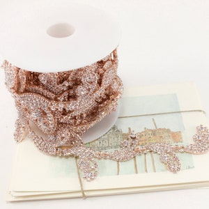 Rose Gold Rhinestone Leaf Trim, Rhinestone Chain, Clear Crystal Trim, Rhinestone Applique, Wedding Belt and Sash, 30mm ( 1 Yard Qty)