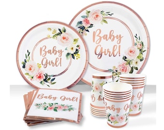 Baby Shower Tableware, Party Supplies Kit, Plates and Napkins, Baby Girl Decorations, 25 Servings, Rose Gold Foil, Rose Floral Paper Plates