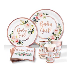 Baby Shower Tableware, Party Supplies Kit, Plates and Napkins, Baby Girl Decorations, 25 Servings, Rose Gold Foil, Rose Floral Paper Plates