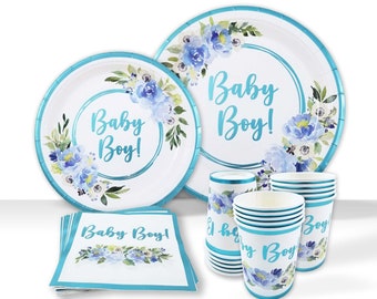 Baby Shower Tableware, Party Supplies Kit, Plates and Napkins, Baby Boy Decorations, 25 Servings, Light Blue Foil, Rose Floral Paper Plates