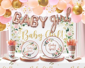Baby Shower Decorations for Girl, Party Supplies Set, 25 Servings With Light Pink Floral Rose Gold, Paper Plates, Napkins, Cups, Balloons