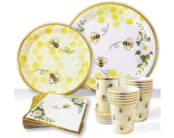 Bumble Bee Tableware Party Decorations, Baby Shower Paper Plates, Napkins, Cups, Gender Reveal Neutral, Birthday, Honeycomb, 16 Servings