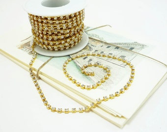 Gold Rhinestone Chain, Clear Crystal, (3mm / 1 Foot Qty)