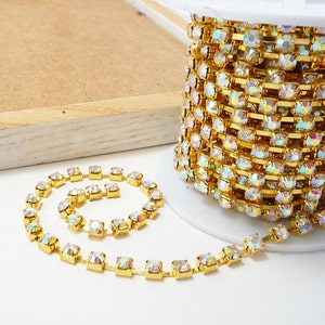 6mm Gold Rhinestone Chain in AB Crystal for jewelry, accessories Trimming, weddings, costumes 1 Yard Qty