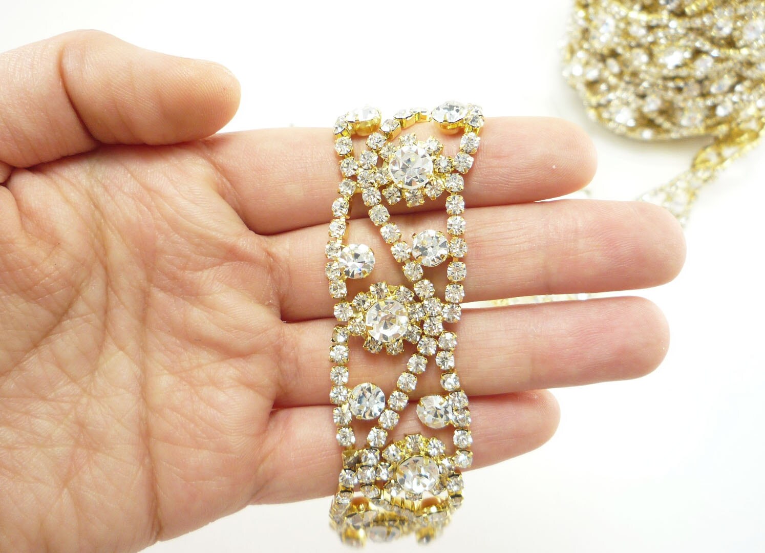 Gold Rhinestone Curly Border Trim, Rhinestone Chain, Rhinestone ...