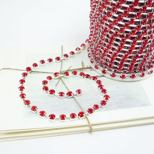 Silver Rhinestone Chain, Siam Red Crystal, (6mm / 1 Foot Qty)