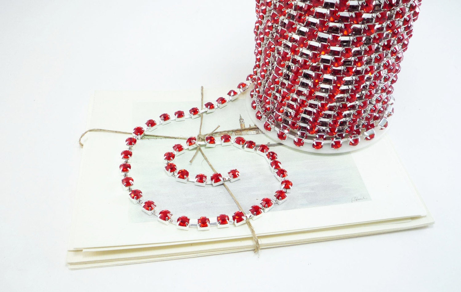 Silver Rhinestone Chain, Siam Red Crystal, (6mm / 1 Foot Qty 