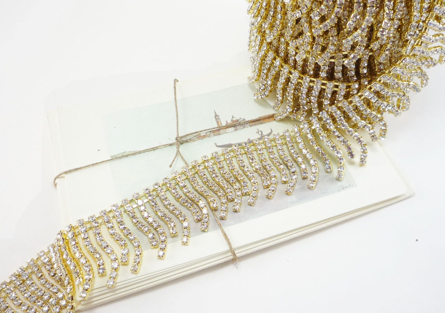 35mm Gold Rhinestone Fringe Rhinestone Trim in Clear Crystal Etsy