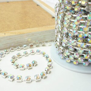 Silver Rhinestone Chain, AB Crystal, (6mm / 1 Foot Qty)