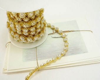 Gold Rhinestone Round Trim, Rhinestone Chain, Clear Crystal Trim, Rhinestone Applique, 10mm ( 1 Yard Qty)