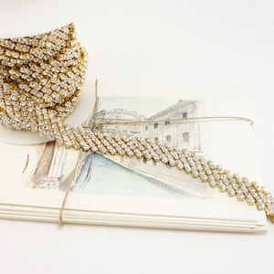 15mm Gold Rhinestone Diamond Row Chain in Clear Crystal Trim for Weddings, Accessories, Applique 1 Feet Qty)