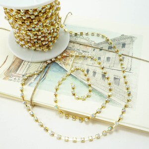 3mm Gold Rhinestone Chain in AB Crystal Color 1 Yard Qty