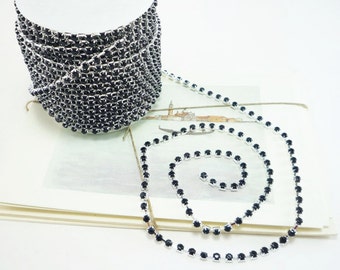 Silver Rhinestone Chain, Jet Black Crystal, (4mm / 1 Yard Qty)