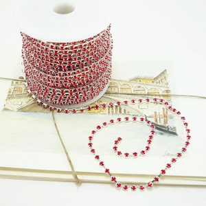 Silver Rhinestone Chain, Red Siam Crystal, (3mm / 1 Yard Qty)
