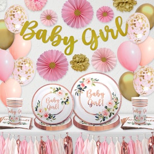 Baby Shower Decorations, Party Supplies Kit, Tassel, Tissue Pom Pom, Paper Fan, Plates and Napkins, 16 Servings, Rose Gold Foil, Rose Floral