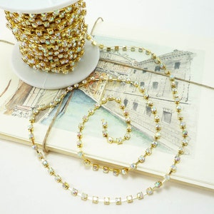 Gold Rhinestone Chain, AB Crystal cup chain, (3mm / 1 Foot Qty)