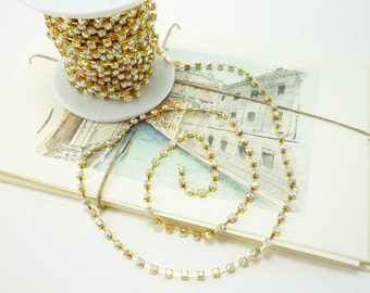 Gold Rhinestone Chain, AB Crystal cup chain, (3mm / 1 Foot Qty)