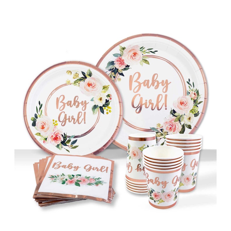 Baby Shower Tableware, Party Supplies Kit, Plates and Napkins, Baby Girl Decorations, 25 Servings, Rose Gold Foil, Rose Floral Paper Plates Bild 1