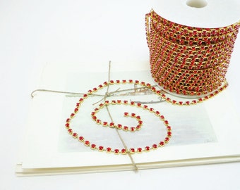 Gold Rhinestone Chain, Red Siam Crystal, (4mm / 1 Foot Qty)