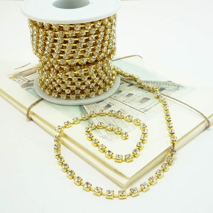 Gold Rhinestone Chain, Clear Crystal, (4mm / 1 Foot Qty)