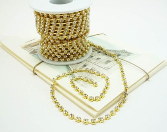 Gold Rhinestone Chain, Clear Crystal, (4mm / 1 Foot Qty)