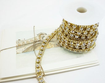 Gold Rhinestone Chain, Wedding Rhinestone Trim, Rhinestone Applique, Clear Crystal Trim,10mm ( 1 Feet Qty)