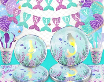 Mermaid Birthday Party Decorations, Party Supplies Set Kit | Iridescent Mermaid Banner, Plates, Cups, Cutlery, Napkins, Balloons, Tablecloth