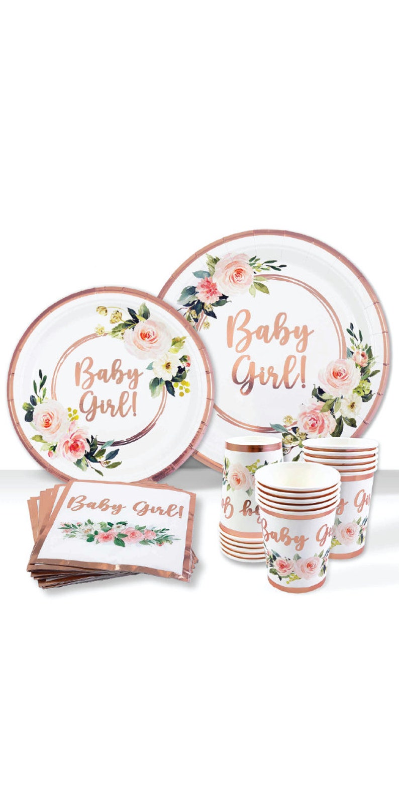 Baby Shower Tableware, Party Supplies Kit, Plates and Napkins, Baby Girl Decorations, 25 Servings, Rose Gold Foil, Rose Floral Paper Plates Bild 2