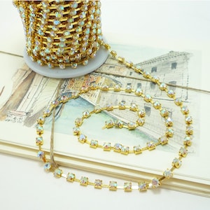 Gold Rhinestone Chain, AB Crystal trim cup chain, (4mm / 1 Foot Qty)