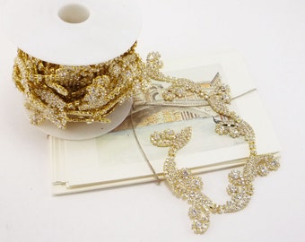 Gold Leaf Rhinestone Trim, Rhinestone Chain, Clear Crystal Trim, Rhinestone Applique, 30mm ( 1 Feet Qty)