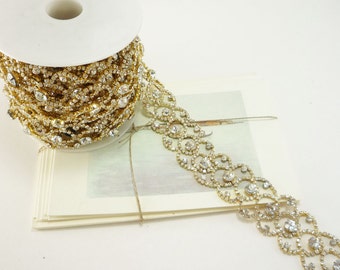 Gold Rhinestone Scallop Border Trim, Rhinestone Chain, Rhinestone Applique, Wedding Rhinestone Trim, Clear Crystal Trim, 30mm ( 1 Yard Qty)