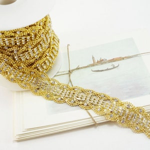 Gold Rhinestone Wave Trim, Rhinestone Chain, Wedding Rhinestone Trim, Clear Crystal, Rhinestone Applique, 25mm ( 1 Feet Qty)