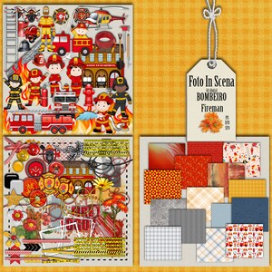 以下が含まれることがあります： 消防士をテーマにしたデジタルスクラップブックキット。消防車、消防士、消防関連機器のイラストが含まれています。さまざまな模様の紙や装飾要素も含まれています。