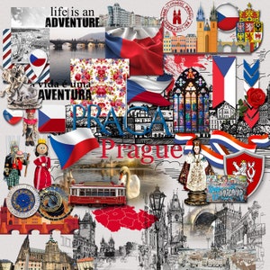 May include: A collage of images depicting Prague, Czech Republic. The collage includes a red, white, and blue Czech flag, a red tram, a clock tower, a stained glass window, and the text "Prague" in both English and Czech.