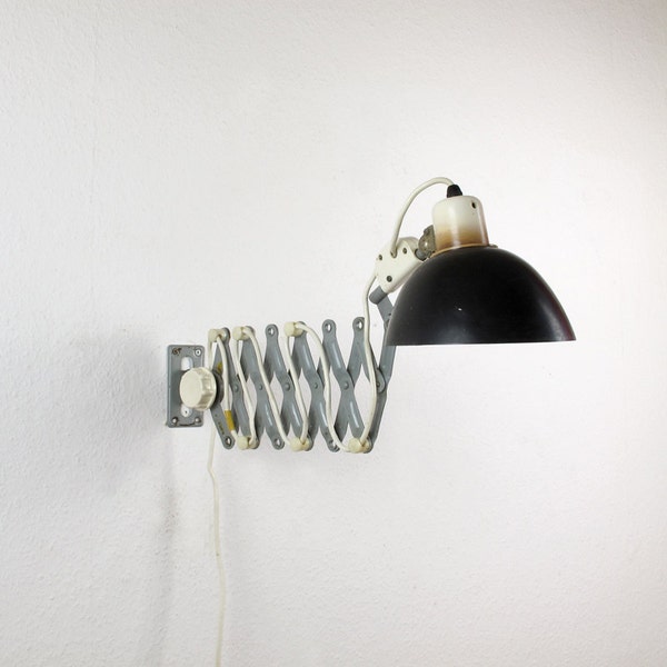 Industrial Scissor Wall Lamp. Black and Grey Accordion Wall Light. 60s