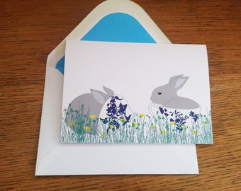 Easter bunny card, woodland animals, cute greeting card, animal lover, easter card, tea lover, rabbit card, blank card, fun card