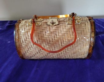 Vintage Marbled Lucite Wicker Handbag, 1960's - 1970's