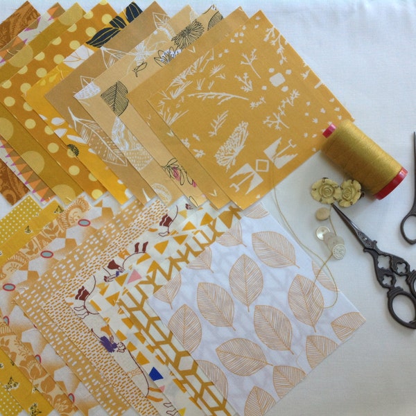 Marvellous gold and mustards, 20 five inch squares for scrappy quilts!