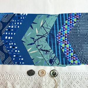 May include: A row of blue fabric hexagons with different patterns, including stripes, polka dots, and geometric designs. The hexagons are arranged in a chevron pattern. There are also buttons, a spool of thread, and scissors on a white surface.
