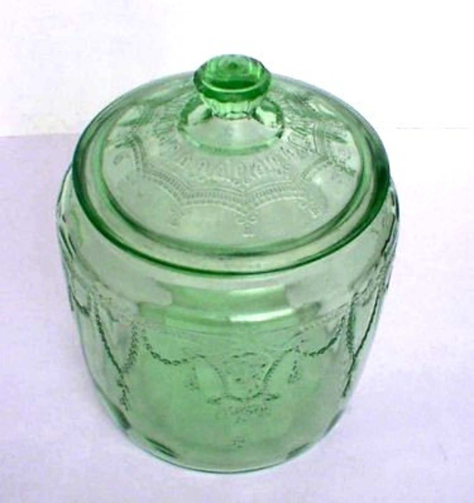 Cookie Cracker Jar Depression Vaseline Green Glass Cameo Etsy