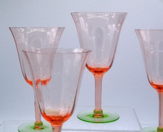 3 Wine Glasses Vintage Watermelon Pink Green Vaseline Optic Rib