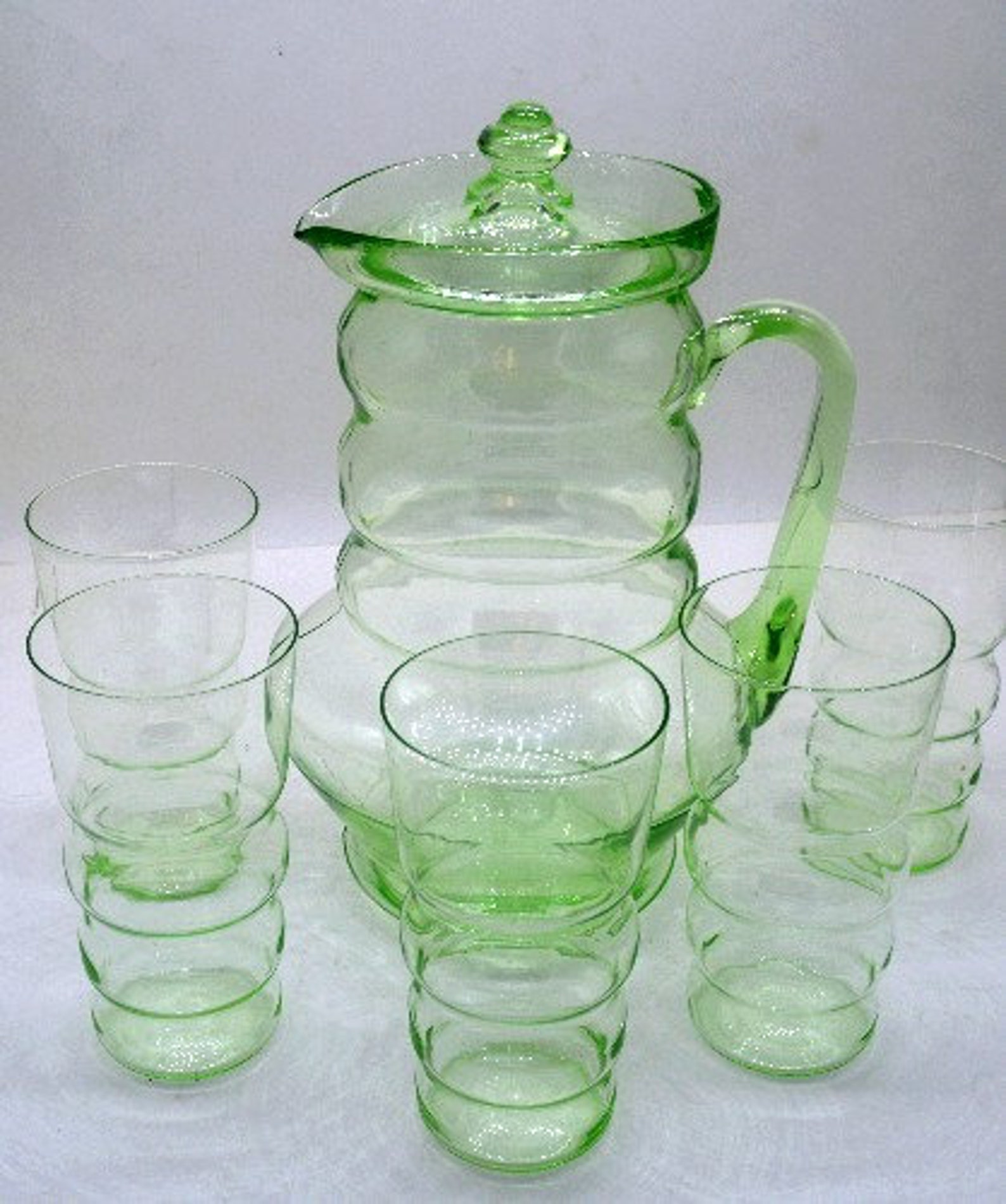 Ice Tea Pitcher Set With 5 Tumblers Depression Green Vaseline Etsy