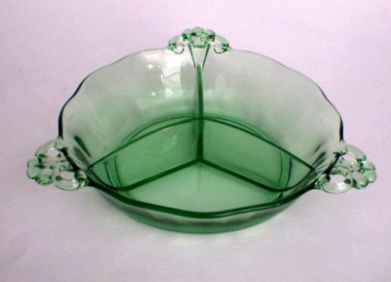 Fostoria Candy Nut Dish Depression Vaseline Green Glass 3 Part Etsy