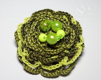 Handmade Crochet Brooch: Neon Green Cotton Pin with Beads