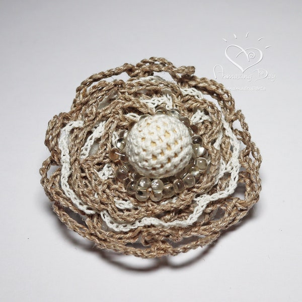 Natural Linen Brooch, White Gray Eco Friendly Brooch, Simple Braided Crochet Layer Brooch, Elegant Accent to Modern Women Boho Chic Jewelry