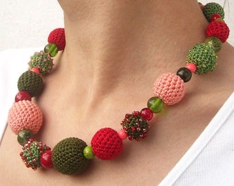 Unique Crochet NECKLACE seed beaded. Red Green Pink crocheted Necklace Boho style Necklace Contemporary crochet ball. Fashion Valentine Gift